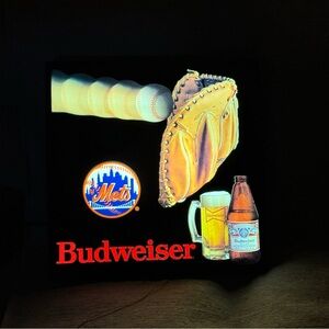 Vintage Budweiser NY Mets Baseball Lighted Bar Sign Display Man Cave Decor 18x18